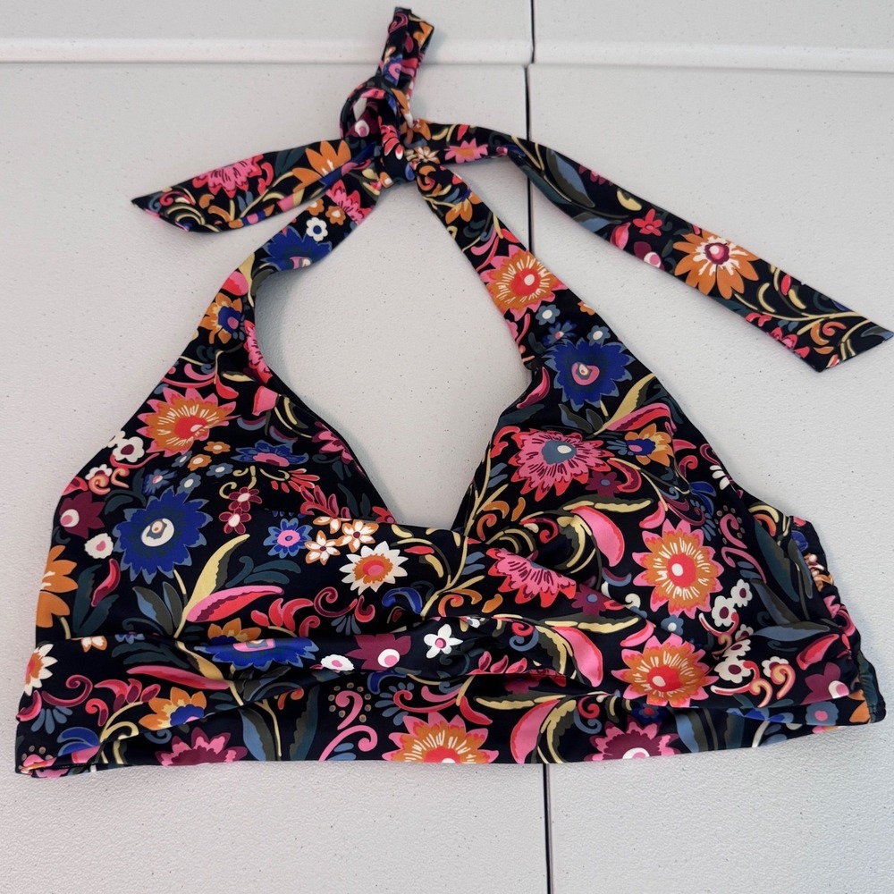 Boden Floral Halter Bikini Top Black Multi Color Twist Front Swim Size 16-18 J3